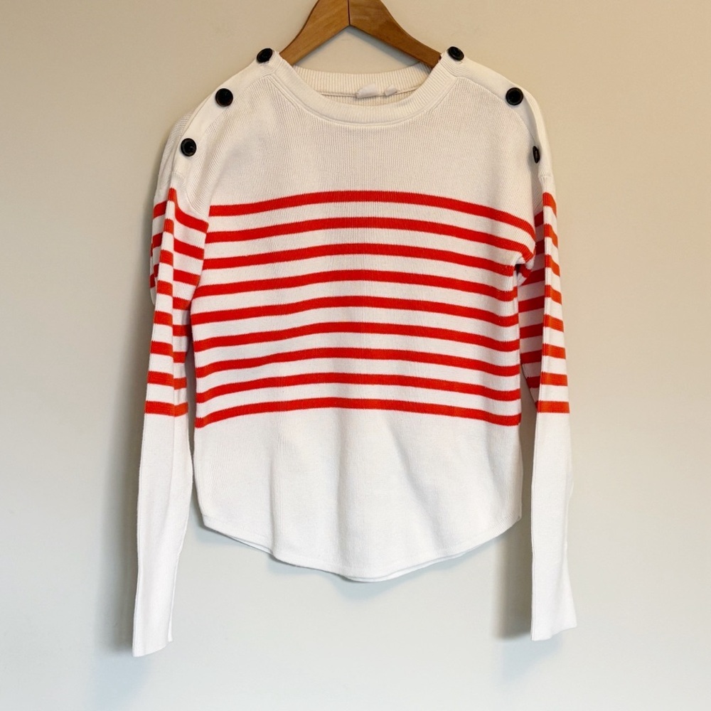 GAP Classic White Knit Sweater with Button Shoulders and Orange Stripes - small